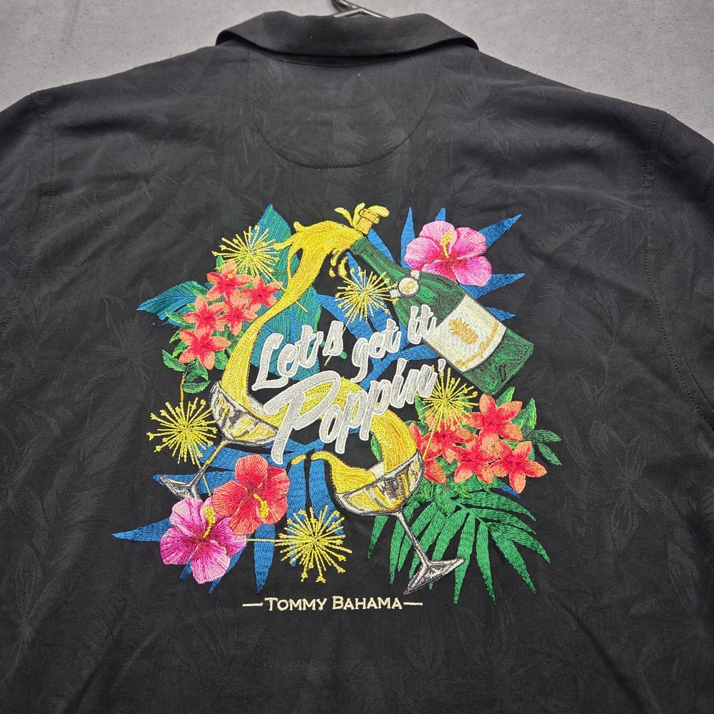 Tommy Bahama Mens Small Lets Get It Poppin Silk Camp Shirt Black ST326885 NWT